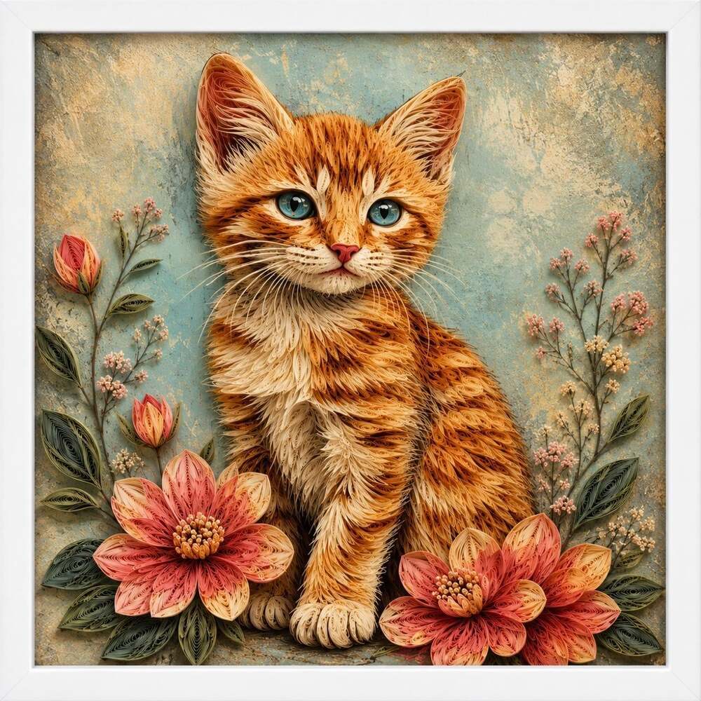 8 X 8 Framed Quilled Orange Tabby 031 B